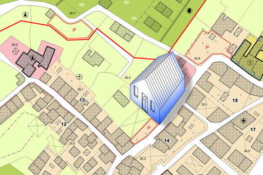 Imaginary General Urban Plan of territory with buildings, roads and land parcel - concept with a small house - note: the map is totally invented and does not represent any real place