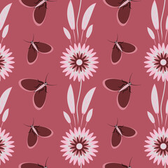 Seamless pattern, endless texture - stylized flowers and moths. Wallpapers, textiles, packaging