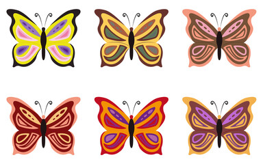 Obraz na płótnie Canvas Cartoon butterfly icon set in different colors. Collection of bright and calm variants. Simple flat design vector illustration
