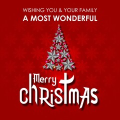 Merry Christmas and Happy New Year lettering template. Invitation greeting banner in white lettering with christmas tree made of stars and red background with snowflake symbol