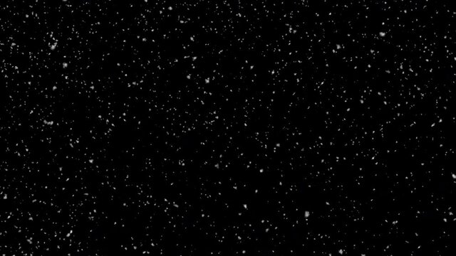 High-quality motion animation of repeated snow falling on a black background. Falling snow, seamless loopable background footage. Christmas snowflakes swirl and fall slowly against a black background