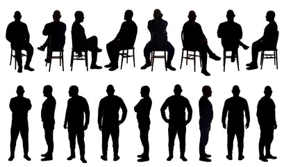 large group of silhouette of the same man sitting and standing various poses