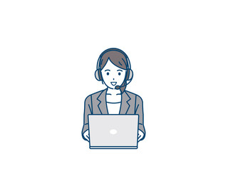 カスタマーサポート　オペレーター　コールセンター　スーツ姿の女性　パソコン　テレワーク　案内