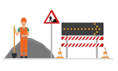 A road worker repairs the road. Fences of the repair site with a detour sign. Vector illustration.