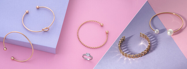 Photo collage of golden jewelries collection on pink and purple background
