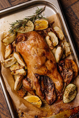 Christmas dinner with duck and apples, festive table setting, New Year.