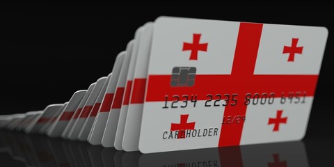 Domino effect, fallen credit cards with flags of Georgia. Fictional data on card mockups. Banking collapse conceptual 3d rendering
