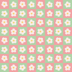 Retro floral daze check seamless repeat pattern. Vector, 70s ditsy daisy all over surface print.