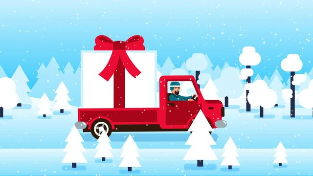 Truck with large gift box drives through the winter forest during snowfall. Truck carrying Christmas gift box with red bow. Looped animation