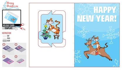 tiger and christmas tree card for children on new