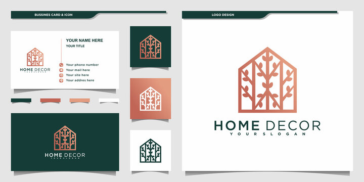 Minimalist home decor logo with unique leaf line art shape and business card design premium vektor