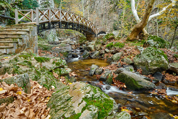 Long exposure day photo of flowing of river and small pond with bridge background and autumn colors. Bridge made of wooden material. 