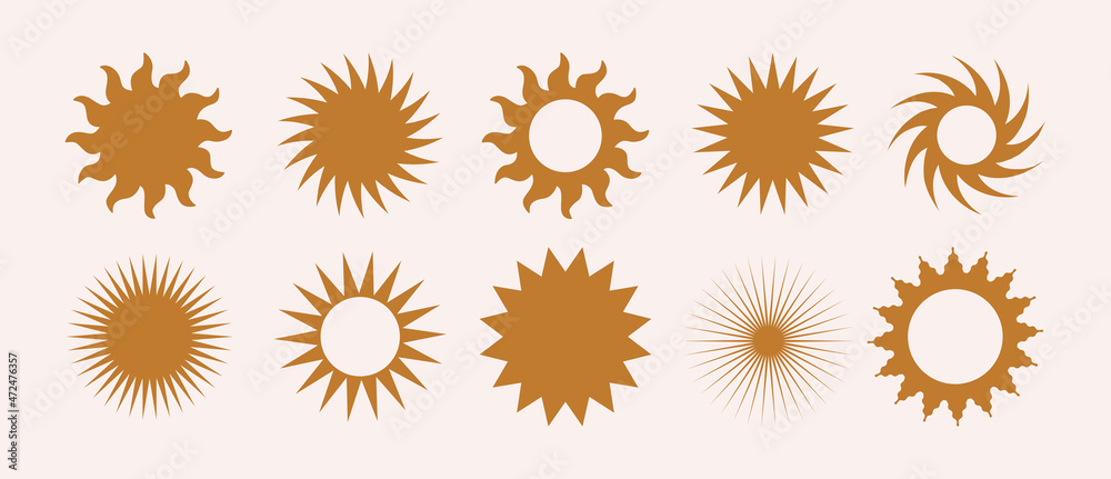 Wall mural vector set boho sun logo, icons and symbols. minimalist geometric various design sun elements. all o