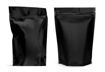 Black coffee bag. Zip protein package mockup design. Aluminum foil pouch, realistic snack food, nuts pack blank. Whey protein sport container. Resealable ziper sachet, tea packaging