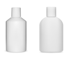 White shampoo bottle mockup. Plastic cosmetic bottle for shower gel, body cream. Realistic beauty bottle collection, vector illustration. Hair moisturizer packaging, skin care hygiene