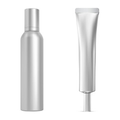 Silver spray bottle, cosmetic tube mockup. Cylinder aerosol package, aluminum metal can with cap, vector container blank. Realistic skin cream tube design, glossy packaging illustration