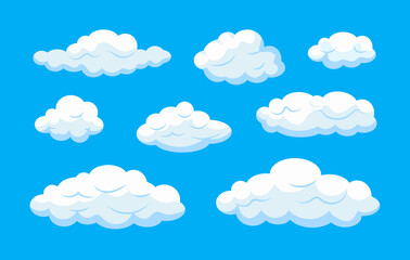 Cartoon Clouds Set, Sky Blue Background and White Clouds.