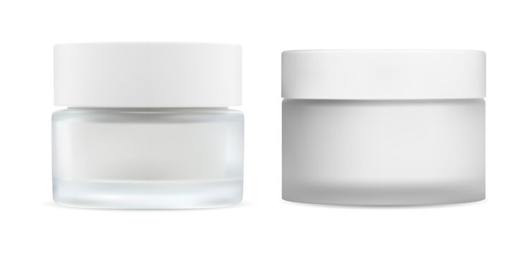 White cream jar. Cosmetic cream glass package mockup. Skin blush care makeup powder product pack, round sample design. Beauty creme container, butter or scrub isolated blank