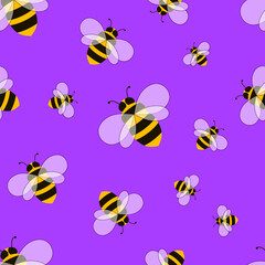 Seamless Patter, Colorful Bees on Purple Background, Colorful.