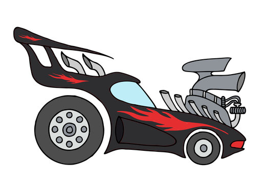 Black muscle car with painted red flames in a doodle style. Hand Drawn.