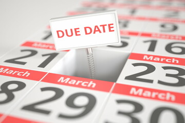 DUE DATE sign on March 22 in a calendar, 3d rendering