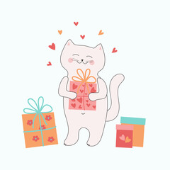 Cartoon cat with a gift and hearts. Cute kitten and boxes with gifts, gifts in festive packaging. Design for a postcard for loved ones on birthday, Valentine's Day.Vector illustration.