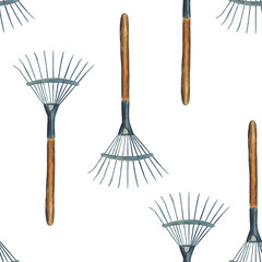 Seamless pattern of garden hand rake on white background. Watercolor hand drawing illustration of garden tool. Perfect for textile, fabric, wrapping.