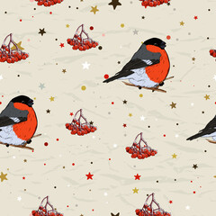 Seamless texture with bullfinch and rowan from new Christmas collection.