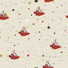 Seamless Christmas pattern with rowan berries ink style.