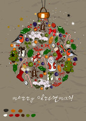 Christmas poster with ball for christmas tree Ink style.