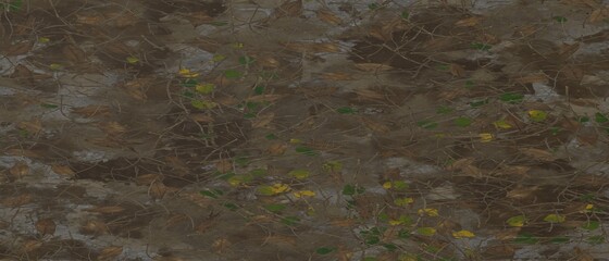Barren land texture with green plants grow on cracked dry soil with stones top view. Texture for game, abstract background, environment ground tile with gray boulders