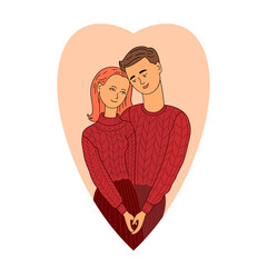 Couple in love. Man and woman hugging each other making a heart shape. Wife and husband wearing knitted sweaters. Illustration for Valentine's Day, greeting card in cartoon style.