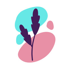 Plant on background of colored spots. Purple botanical branch and red and blue geometric abstract pattern in a minimalist style. Doodle object