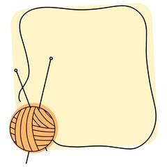 Square yellow frame , for needlework, knitting with a ball and knitting needles, vector drawing with a line