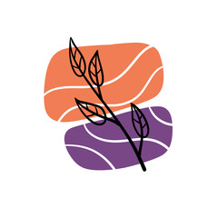 Plant on background of colored spots. Black botanical branch and purple and orange geometric abstract pattern in a minimalist style. Line Doodle object