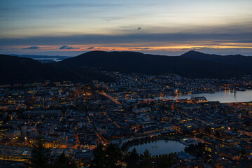 Fototapeta na wymiar Aerial view of Bergen city with night lights on