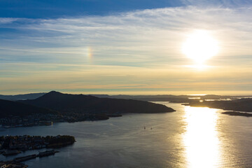 Northern sea and Bergen city aerial view