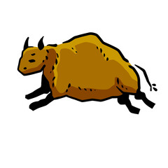 Rock art. Drawing of a bull or ox. Primitive tribal cartoon. Running animal