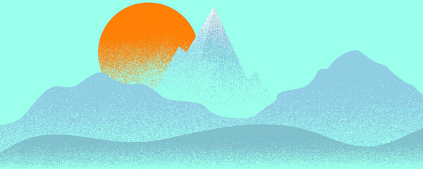 Silhouettes de montagne avec soleil. Sommets enneigés au coucher du soleil. Coups de pinceau. Brouillard sur le paysage de montagne. Logo du sommet et du coucher du soleil .Vector