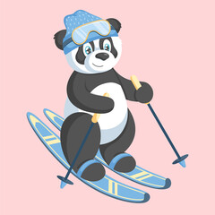Сute winter panda in a blue sports hat and glasses is skiing. Hand drawn style. Vector illustration. © Natali Illar