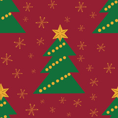 Christmas and New Year seamless pattern with Christmas tree, snowflakes, star, balls, red background, gift wrapping paper, new year textiles