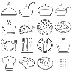 A set of linear vector icons on a white background for a cafe-restaurant.  Menu items, grilling, soup, pizza, cooking and serving food. For the website page application.