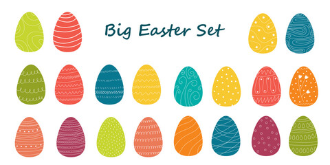 Vector illustration, big set of colorful easter eggs with ornaments. Flat style illustration for creative holiday designs cards, patterns, backgrounds, advertisements, sales