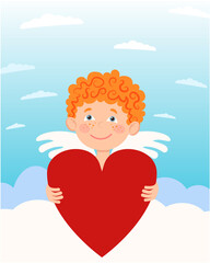 Vector character in a flat style of an angel sitting on the clouds and holding a heart. You can place text on the heart.
Suitable for gifts, cards, greetings, children's books, holidays.