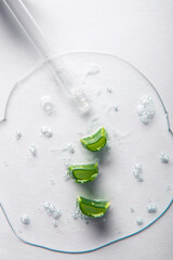 Sliced aloe vera in gel with oxygen. Skincare and healthcare concept, anti-aging serums, moisturizing gels...
