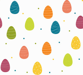 Vector illustration, Easter seamless pattern with dots, colorful Easter eggs with white ornaments. Bright traditional pattern for backgrounds, decorations, wrapping paper, textile, surface designs