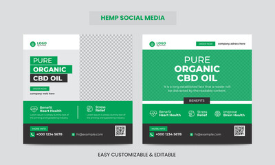 Hemp or Cbd Product Social Media Banner Post Template Set. Cannabis Sativa Product Sale Promotion Social Media Ads Banners