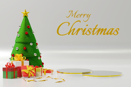 3d render - christmas tree with gifts and podium.