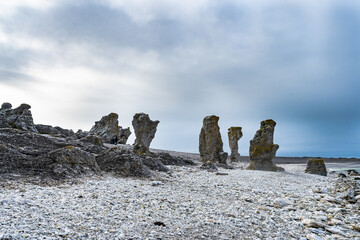 Fårö Island in Sweden. Rauks, ancient stone formations. Column like landform. Rauks often occur in groups called "rauk fields". Lots of famouse limestone rauks of Gotland in the Baltic Sea.