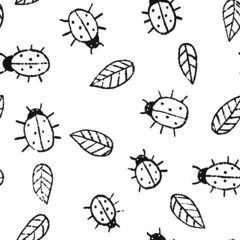 Cute summer pattern with hand drawn ladybugs and leaves. Creative black and white surface design for textile, backgrounds, prints, packages and kids designs